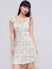 Ditsy Floral Square Neck Drawstring Ruched Mini Dress
