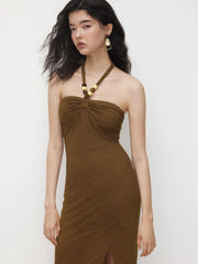 Halter Neckline Jacquard Beaded Split Maxi Dress