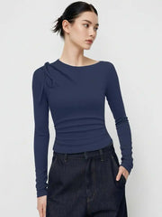 Asymmetrical Neck Long Sleeve Ruched Knotted Top
