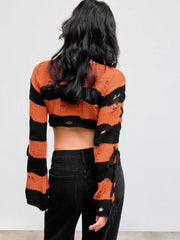 Knit Boat Neckline Striped Lace Up Ripped Crop Top