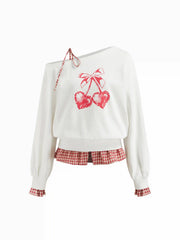 Two Tone Cotton Asymmetrical Neck Cherry Graphic Gingham Knotted Sweatshirt