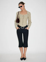 Cotton-blend Sweetheart Puff Sleeve Striped Buckle Blouse