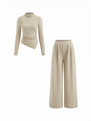 Stand Collar Ruched Asymmetrical Hem Top & Mid Rise Straight Leg Trousers Set