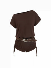 High Stretch Asymmetrical Neck Drawstring Romper With Belt