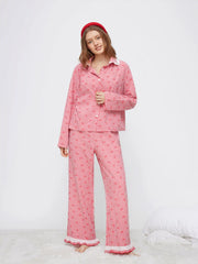 Cotton-blend Gingham Broderie Anglaise Oversized Top & High Rise Lettuce Trim Wide Leg Trousers Loungewear Set