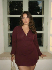 V-neck Bell Sleeve Metal Detail Mini Dress Curve & Plus
