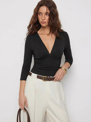 V-neck Ruched Middle Sleeve Bodysuit