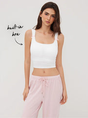 Built-in Bra Square Neck Bowknot Lace Trim Crop Tank Top & Mid Rise Drawstring Wide Leg Trousers Loungewear Set