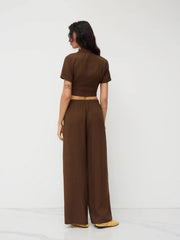 Mid Rise Texture Elastic Waist Straight Leg Trousers