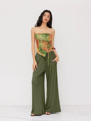 Mesh Tie Dye Drawstring Bandeau Top & Mid Rise Drawstring Wide Leg Trousers Set