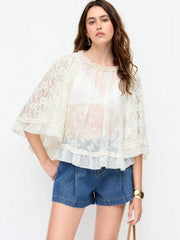 Lace Ruffled Round Neck Middle Sleeve Blouse