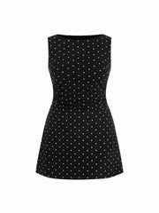 Cotton-blend Boat Neck Polka Dot Ruched Mini Tank Dress Curve & Plus