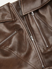 Faux Leather Asymmetrical Neck Metal Detail Zip Through Tank Top