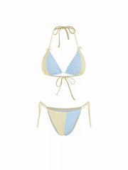 Two Tone Halter Neck Checks Triangle Bikini Set
