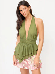 Chiffon Halter Neckline Ruffled Asymmetrical Hem Ruched Top