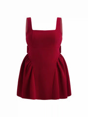 Velvet Square Neck Bowknot Tie Back Ruffle Mini Dress Curve & Plus