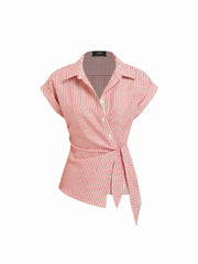 Linen-blend Stripes Asymmetrical Tie-front Blouse