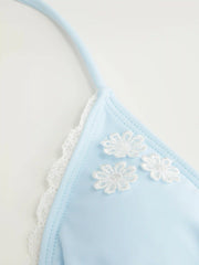 Halter Neckline Floral Applique Lace Trim Tie Side Triangle Bikini Set