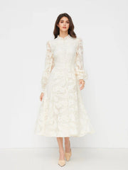 Lace Stand Collar Paisley Lantern Sleeve Maxi Dress
