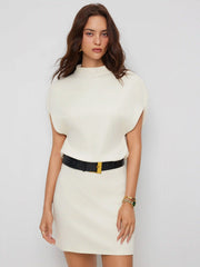 Cotton-blend High Neck Batwing Sleeve Straight Mini Dress With Belt