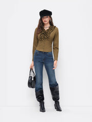 Cotton-blend V-neck Long Sleeve Ruffled Blouse