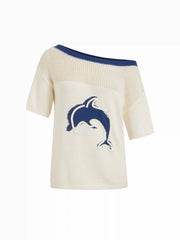 Knit Cotton-blend Crochet Dolphin Graphic Boat Neck Oversized Short Sleeve Top