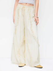 Low Rise Lace Ruffle Drawstring Wide Leg Trousers