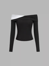 Mesh Patchy Off-shoulder Solid Long Sleeve Top