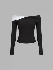 Mesh Patchy Off-shoulder Solid Long Sleeve Top