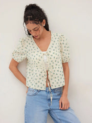 Cotton-blend V-neck Floral Tie Front Blouse
