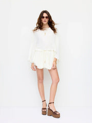 Boat Neck Ruffle Sleeve Top & Mid Rise Drawstring Shorts Set