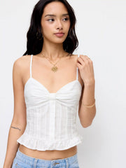 Cotton Textured Sweetheart Bowknot Ruffle Hem Cami Top