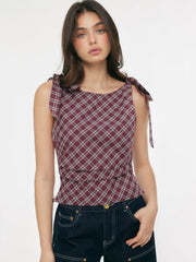 Cotton-blend Plaid Knotted Ruched Top