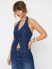 Denim Halter V-neck Split Front Top