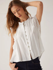 Lace Trim Pleated Button Oversized Blouse