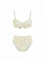 Floral Square Neck Bowknot Lettuce Trim Ruched Bikini Set