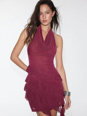 Shimmer Cowl Neck Asymmetrical Ruffle Hem Mini Dress