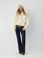 Cotton Round Neckline Lace Embroidery Ruched Long Sleeve Blouse