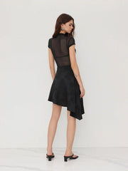 Mesh Stand Collar Sequin Flower See-through Tie Front Top