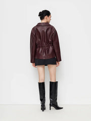 Faux Leather Collar Button Elastic Waist Jacket