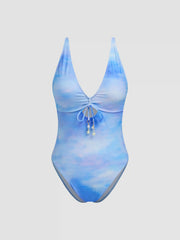 Shaping V-neck Illusion Bowknot Starfish Detail Cut Out One Piece Swimsuit