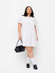 Cotton-blend Peter Pan Collar Puff Sleeve Lace Trim Mini Dress Curve & Plus