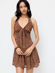 Chiffon Deer Spot Bowknot Halter Neckline Mini Dress