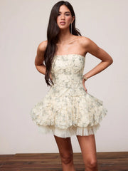 Lace Sculptural Floral Appliqué Strapless Babydoll Mini Dress