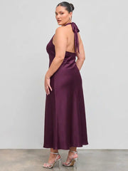 Satin V-neck Backless & Bowknot A-line Maxi Dress Curve & Plus