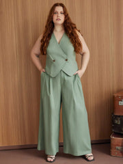 Linen-blend Mid Rise Solid Pocket Wide Leg Trousers Curve & Plus
