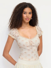 Floral Sweetheart Neckline Ruched Lace Trim Tie Front Top