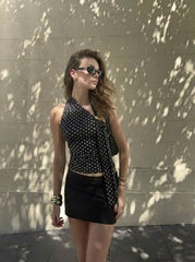 Cotton Polka Dot Halter Neck Asymmetrical Crop Top with Metal Detail