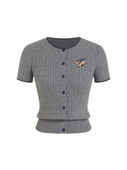Embroidered Dog Cable Knit Button-Up Short Sleeve