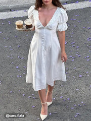 Broderie Anglaise Rose Floral V-neck Puff Sleeve Flared Midi Dress